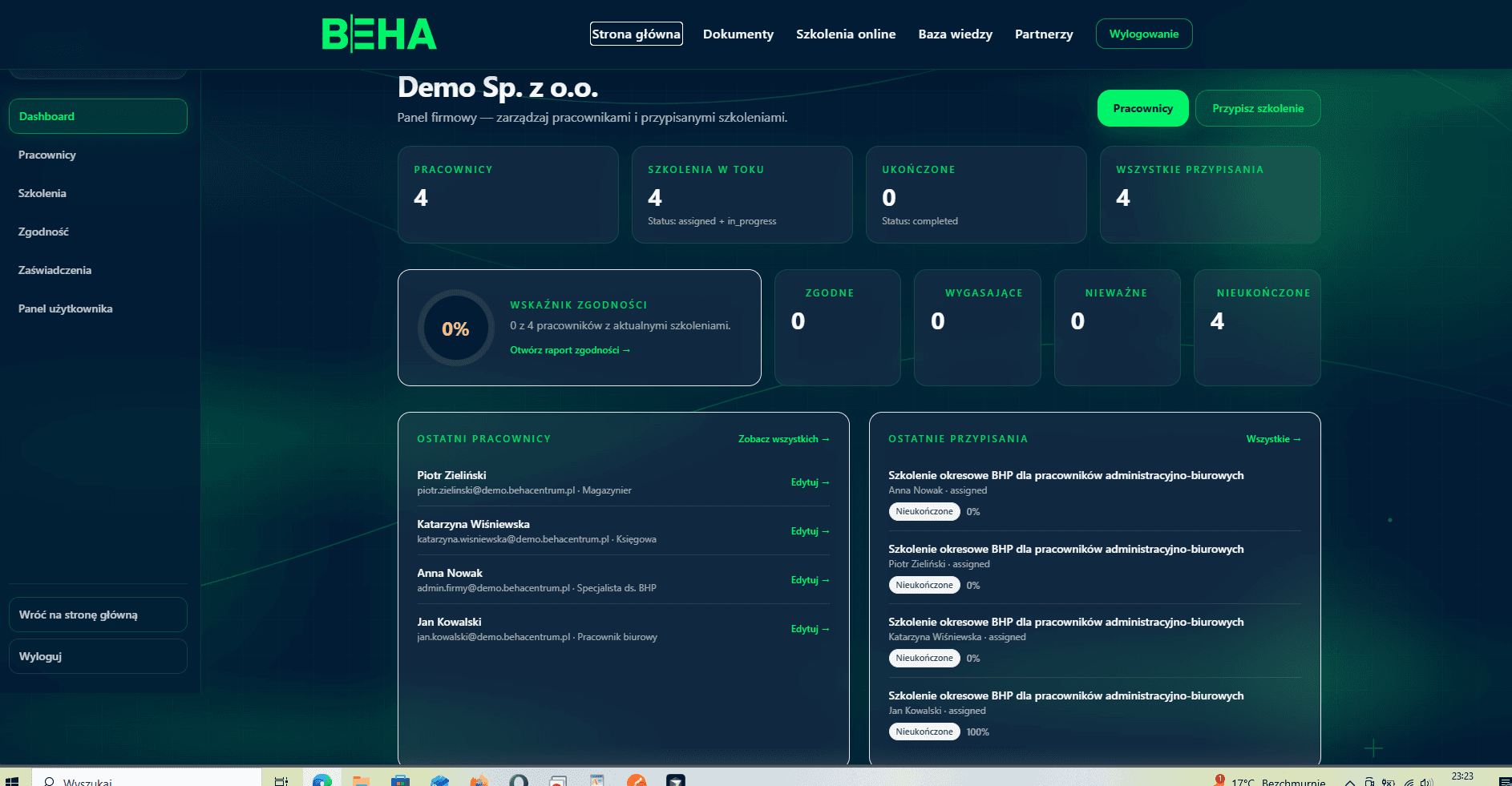 BEHA — panel firmy: pracownicy, przypisane szkolenia i zgodność